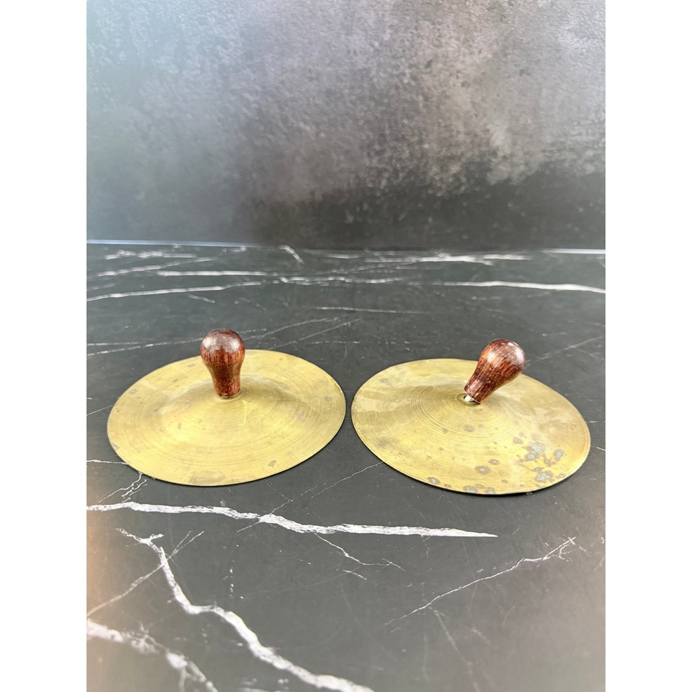 Vintage PAIR (2) Mini Solid 5in Brass Finger Cymbals with Wooden Handle Knobs